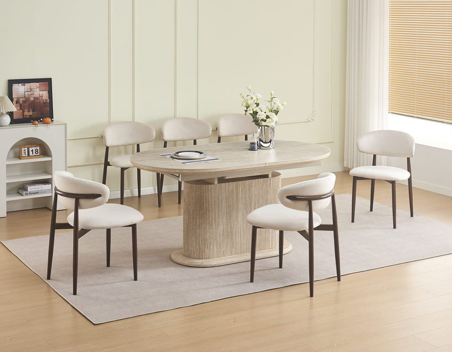 TABLE REPAS EXTENSIBLE LOKA PIED MDF EFFET TRAVERTIN PLATEAU CERAMIQUE TRAVERTIN MAT 160/200X90X75