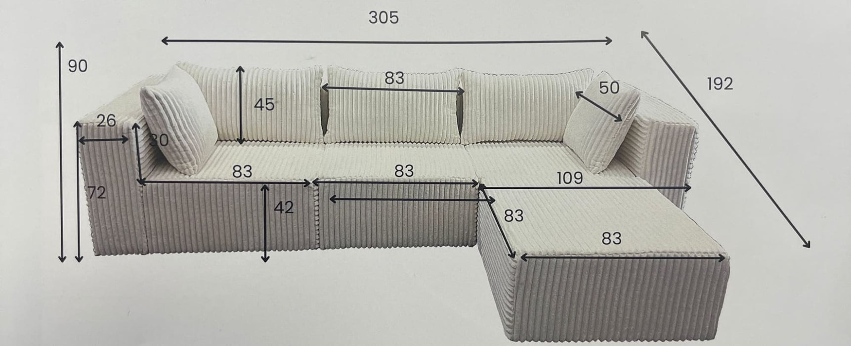CANAPE MODULO 3+1 ANGLE UNIVERSEL CÔTELÉ GRIS 305x192cm