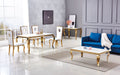 Table à manger BAROQUE 6 à 8 couverts pieds gold plateau en verre 180x90 cm blanc