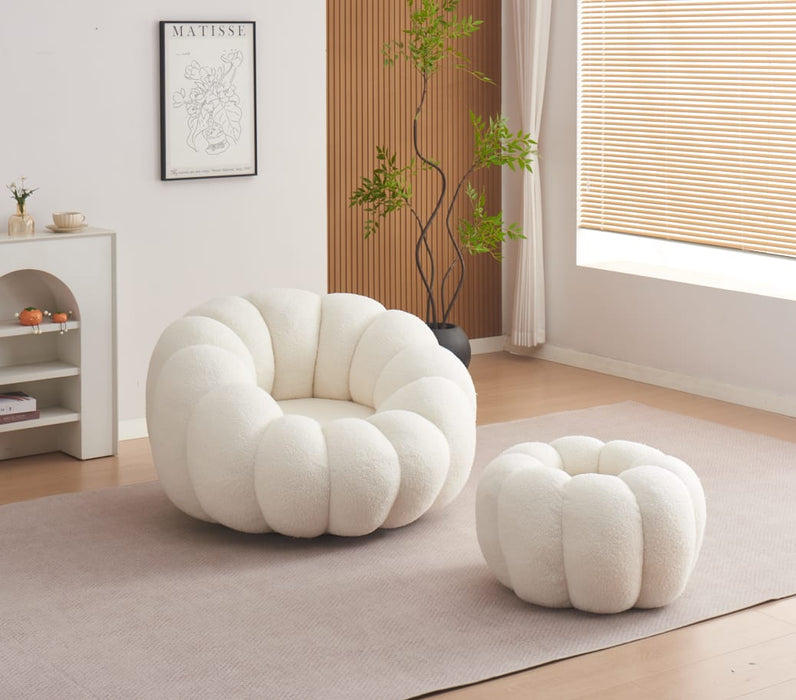 FAUTEUIL PERLE PIVOTANT EN TISSU DOUDOU BEIGE + POUF REPOSE PIED - image 5