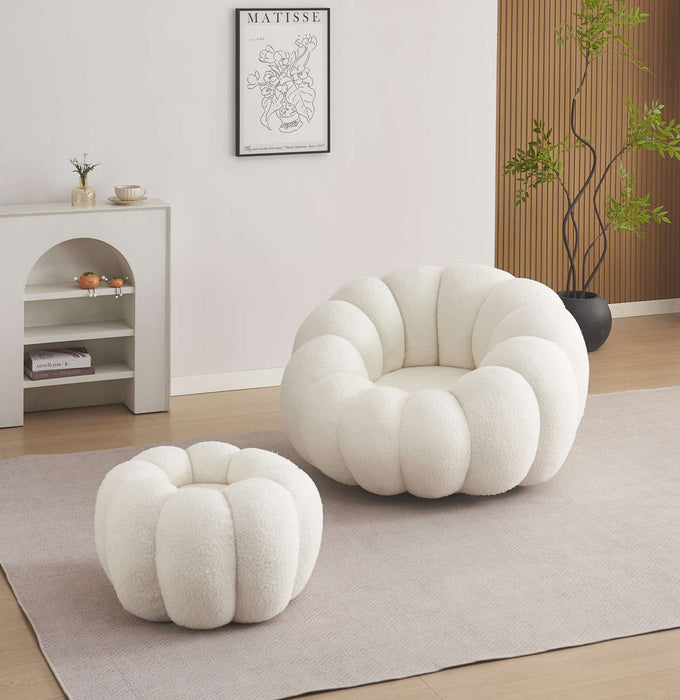 FAUTEUIL PERLE PIVOTANT EN TISSU DOUDOU BEIGE + POUF REPOSE PIED - image 4
