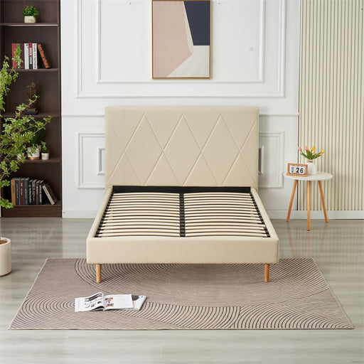 LIT DOUBLE SQUARE PIED BOIS SIMILICUIR BEIGE 160X200CM