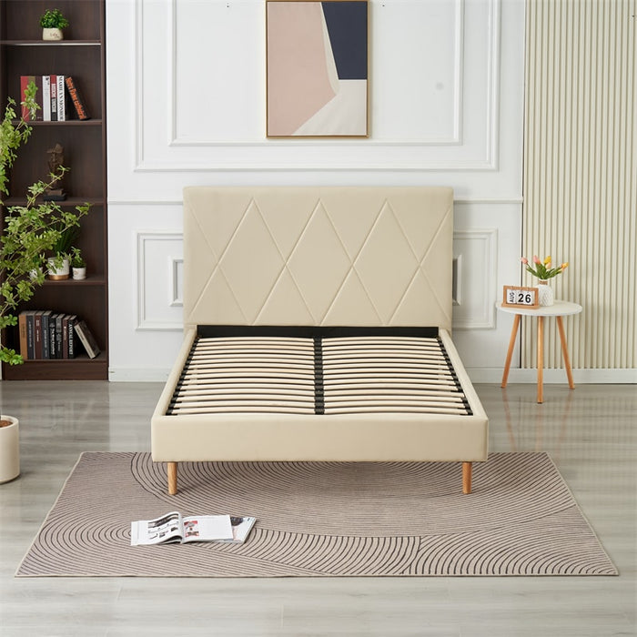 LIT DOUBLE SQUARE PIED BOIS SIMILICUIR BEIGE 160X200CM