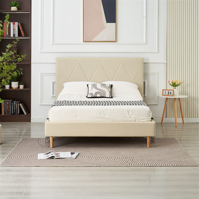 LIT DOUBLE SQUARE PIED BOIS SIMILICUIR BEIGE 160X200CM