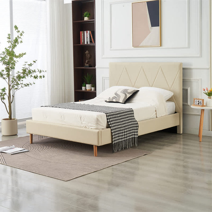 LIT DOUBLE SQUARE PIED BOIS SIMILICUIR BEIGE 160X200CM