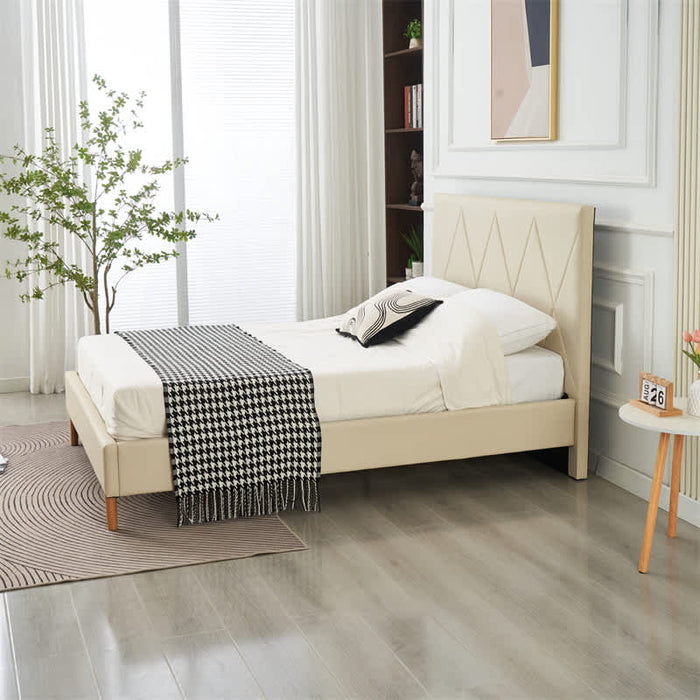 LIT DOUBLE SQUARE PIED BOIS SIMILICUIR BEIGE 140X190CM - image 4