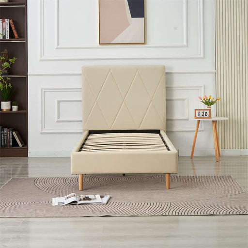 LIT SIMPLE SQUARE PIED BOIS SIMILICUIR BEIGE 90X190CM