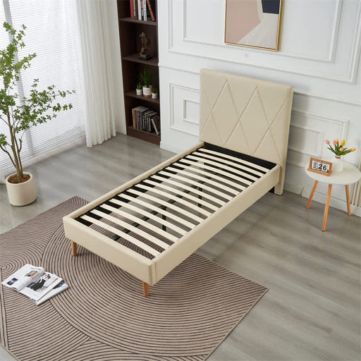 LIT SIMPLE SQUARE PIED BOIS SIMILICUIR BEIGE 90X190CM