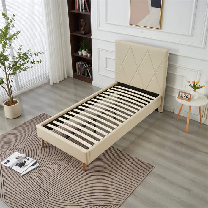 LIT SIMPLE SQUARE PIED BOIS SIMILICUIR BEIGE 90X190CM