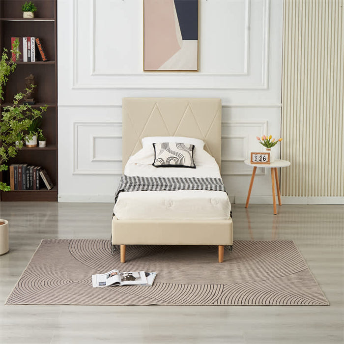 LIT SIMPLE SQUARE PIED BOIS SIMILICUIR BEIGE 90X190CM