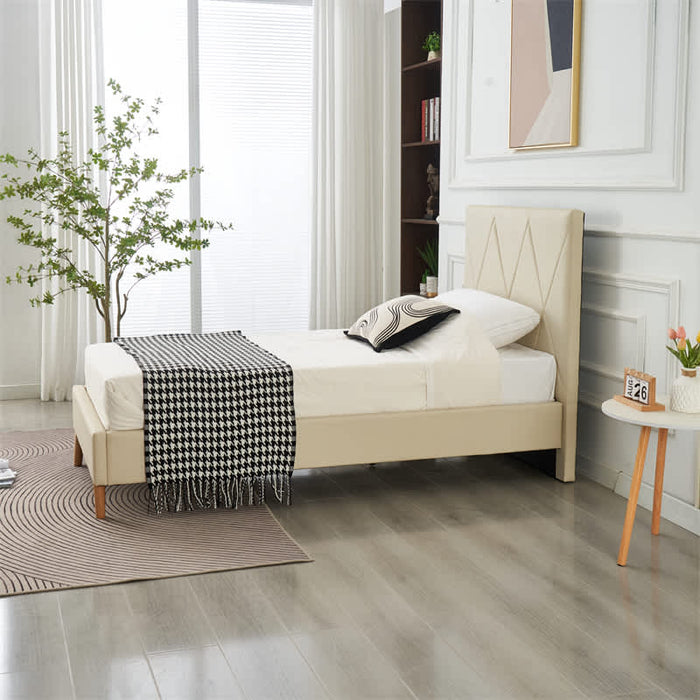 LIT SIMPLE SQUARE PIED BOIS SIMILICUIR BEIGE 90X190CM