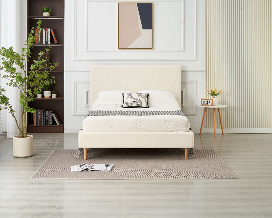 LIT DOUBLE SQUARE PIED BOIS SIMILICUIR BLANC 140X190CM