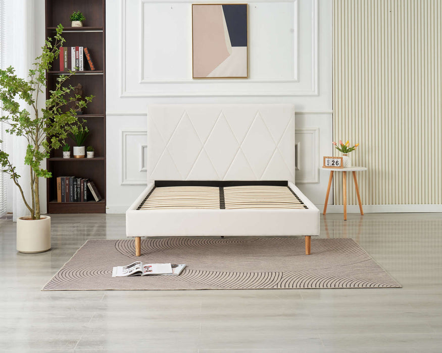 LIT DOUBLE SQUARE PIED BOIS SIMILICUIR BLANC 140X190CM