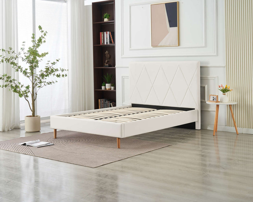 LIT DOUBLE SQUARE PIED BOIS SIMILICUIR BLANC 140X190CM