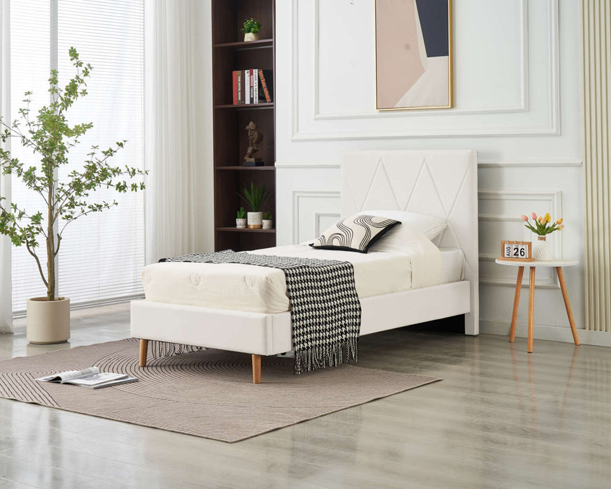 LIT SIMPLE SQUARE PIED BOIS SIMILICUIR BLANC 90X190CM