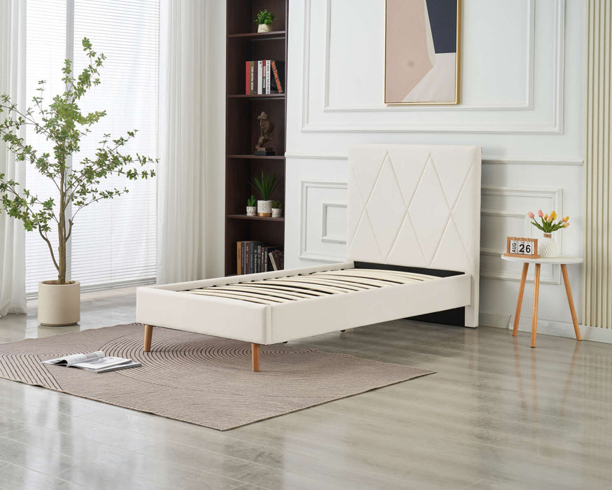 LIT SIMPLE SQUARE PIED BOIS SIMILICUIR BLANC 90X190CM