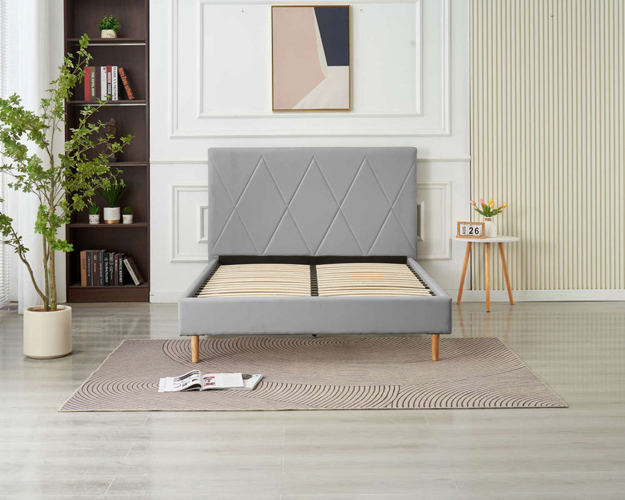 LIT DOUBLE SQUARE PIED BOIS SIMILICUIR GRIS 160X200CM - image 1