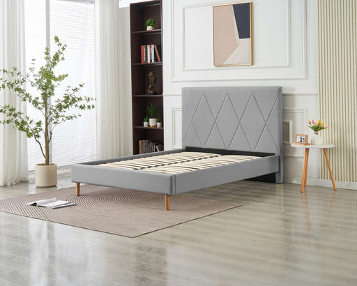 LIT DOUBLE SQUARE PIED BOIS SIMILICUIR GRIS 140X190CM