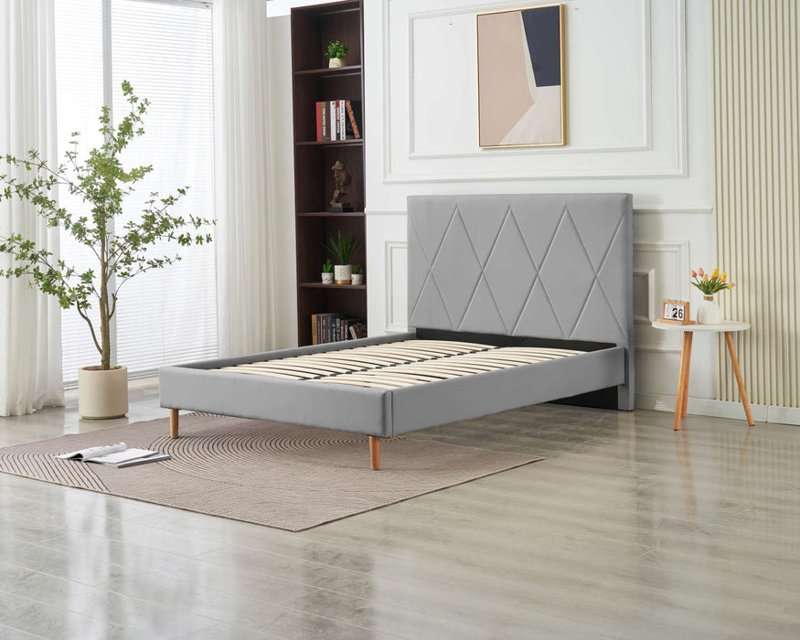 LIT DOUBLE SQUARE PIED BOIS SIMILICUIR GRIS 140X190CM