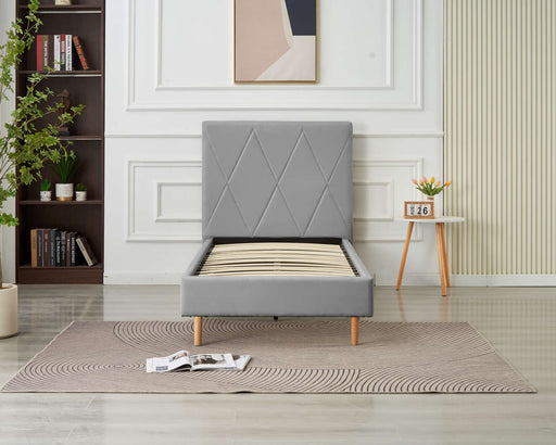 LIT SIMPLE SQUARE PIED BOIS SIMILICUIR GRIS 90X190CM