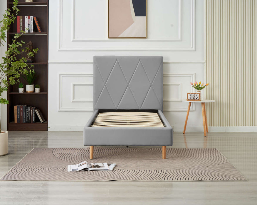 LIT SIMPLE SQUARE PIED BOIS SIMILICUIR GRIS 90X190CM