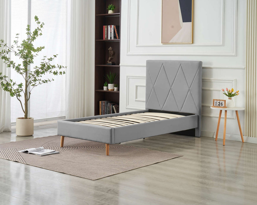 LIT SIMPLE SQUARE PIED BOIS SIMILICUIR GRIS 90X190CM