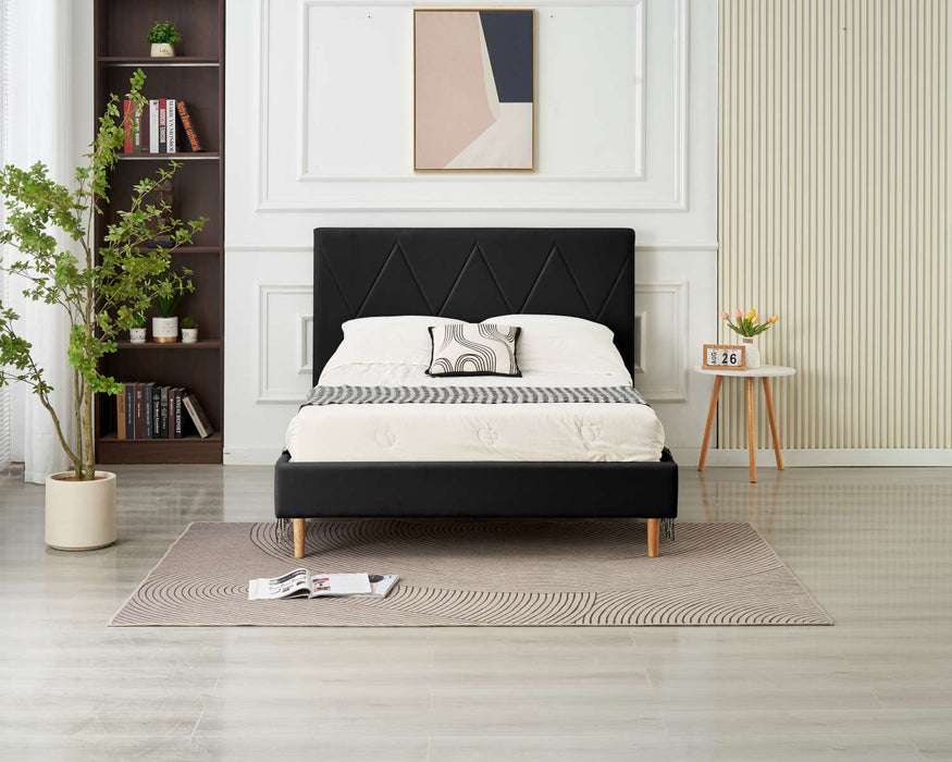 LIT DOUBLE SQUARE PIED BOIS SIMILICUIR NOIR 140X190CM