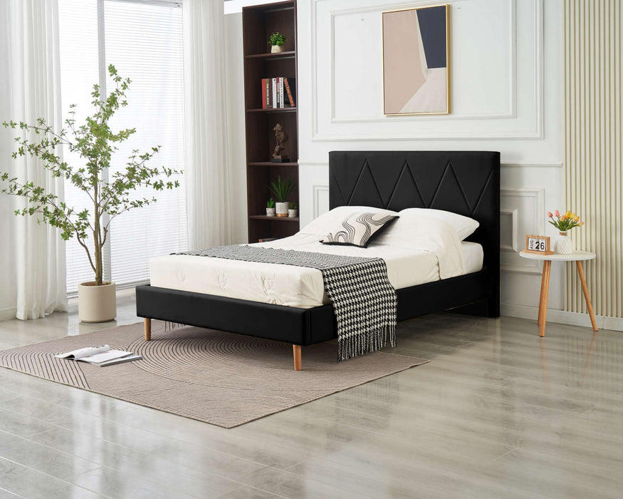 LIT DOUBLE SQUARE PIED BOIS SIMILICUIR NOIR 140X190CM