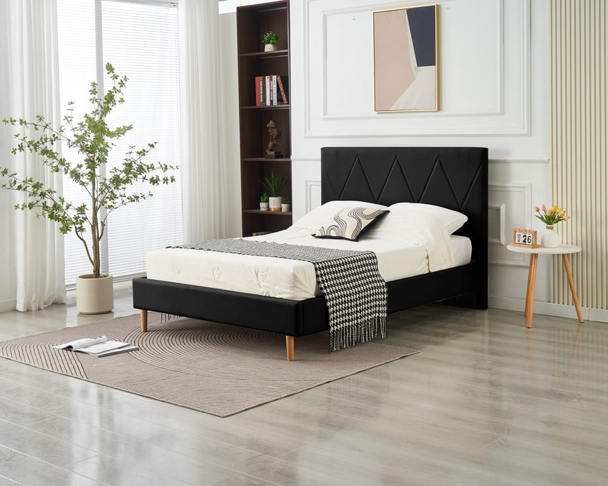 LIT DOUBLE  SQUARE PIED BOIS SIMILICUIR NOIR 160X200CM