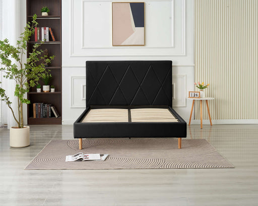 LIT DOUBLE SQUARE PIED BOIS SIMILICUIR NOIR 140X190CM