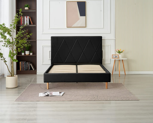 LIT DOUBLE  SQUARE PIED BOIS SIMILICUIR NOIR 160X200CM