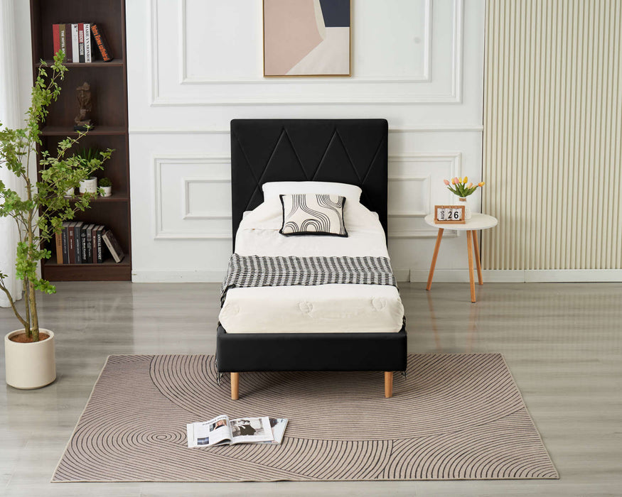 LIT SIMPLE SQUARE PIED BOIS SIMILICUIR NOIR 90X190CM