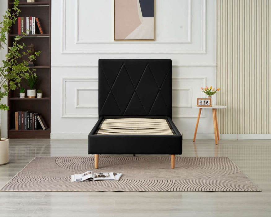 LIT SIMPLE SQUARE PIED BOIS SIMILICUIR NOIR 90X190CM