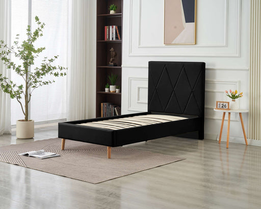 LIT SIMPLE SQUARE PIED BOIS SIMILICUIR NOIR 90X190CM