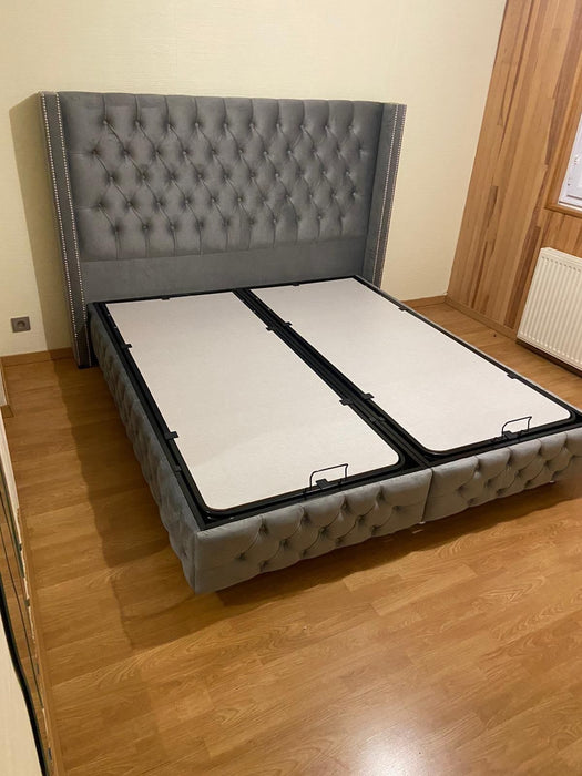 LIT COFFRE BOX CLOUTÉ GRIS 180x200cm