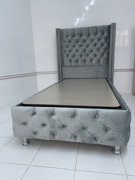 LIT COFFRE CLOUTE BOX VELOURS GRIS 90X190CM