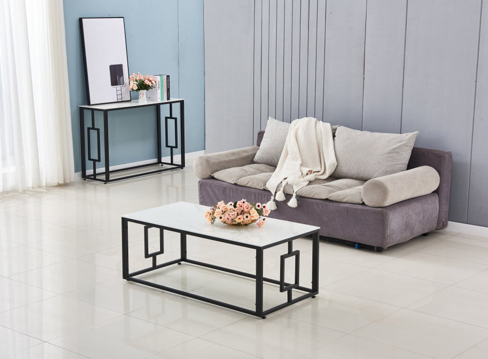 Table basse SOPHIE  pieds en métal noir 120 cm marbré blanc