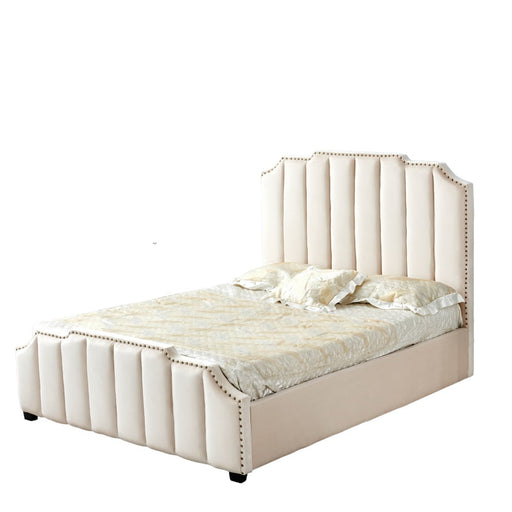 Lit adulte 2 places 160x200 cm PEPPER velours cloûté sommier inclus beige