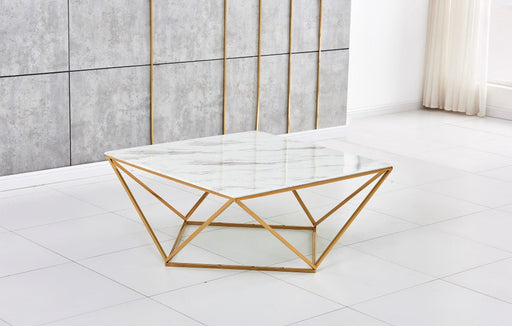 Table Basse ALINA Gold plateau en verre trempé 80x80x45 cm marbré blanc