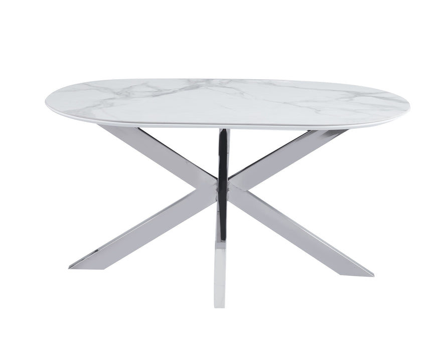 TABLE REPAS MANON PIED CHROME PLATEAU CERAMIQUE MARBRE BLANC 150x90cm - image 1