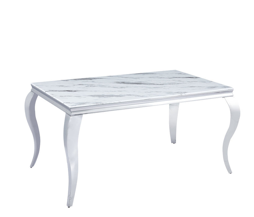 Table à manger BAROQUE 6 à 8 couverts pieds chrome plateau en verre 180x90 cm marbré blanc