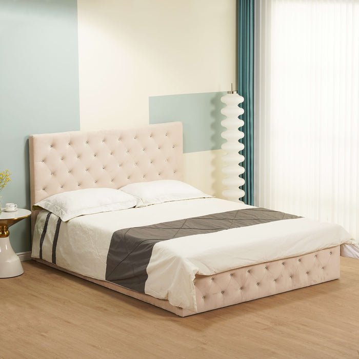 LIT COFFRE VICTORIA CAPITONNE AVEC DIAMANT VELOURS BEIGE 140X190 CM - image 2