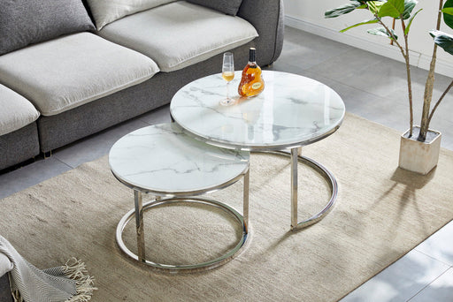 Table Basse Gigogne ARTO inox et plateau en verre marbré blanc