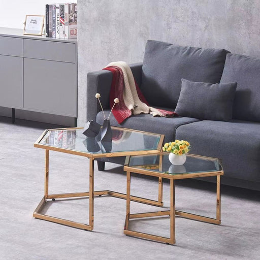 Table Basse Gigogne HEXAGONA structure Gold et plateau en verre transparent