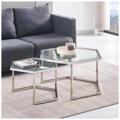 Table Basse Gigogne HEXAGONA structure chrome et plateau en verre transparent