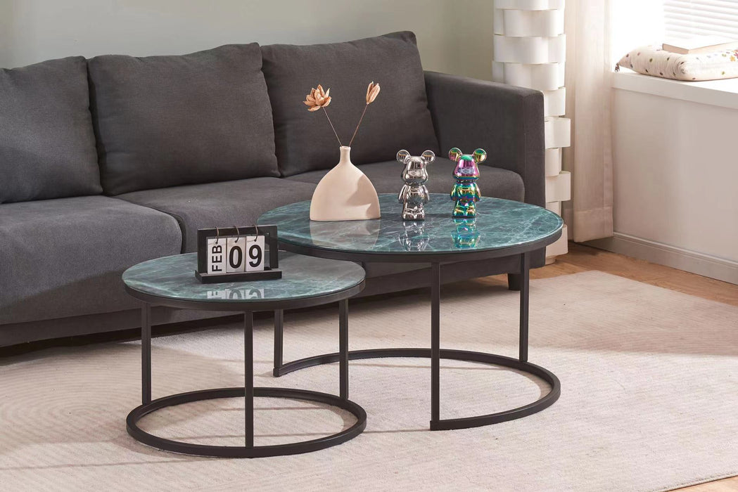 TABLE BASSE GIGOGNE ROMEO METAL NOIR MARBRE GRIS-VERT 80x45 + 6