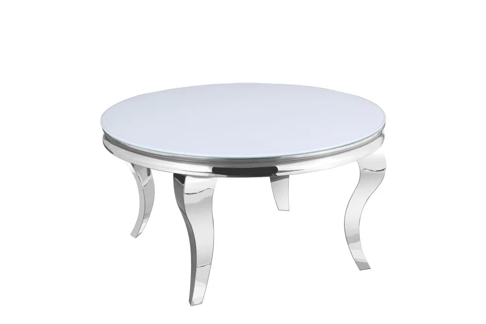 Table basse ronde baroque chrome et plateau en verre de 80 cm  blanc