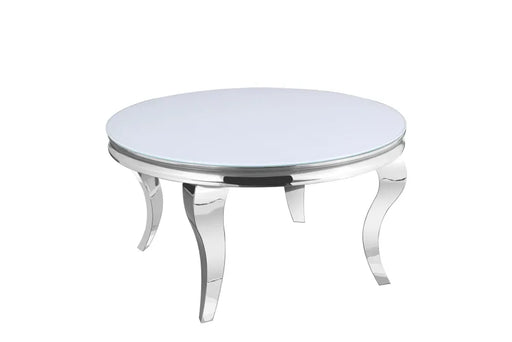 Table basse ronde baroque chrome et plateau en verre de 80 cm  blanc