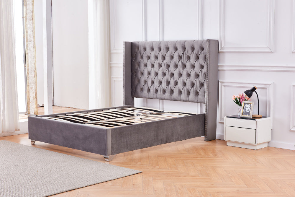 Lit double 140X190 cm PRINCESSE velours sommier inclus gris