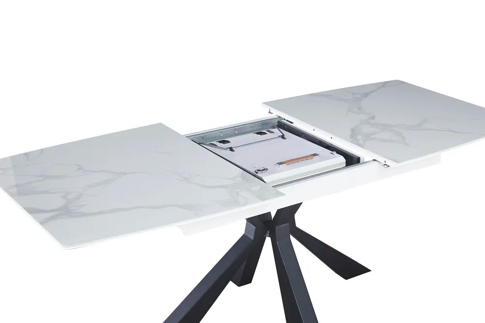 Table extensible BIANCA métal noir plateau Céramique marbré blanc